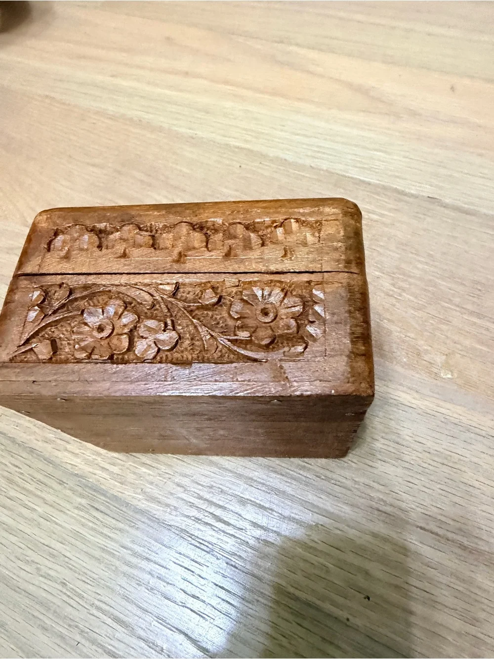 Vintage Carved Wooden Trinket Box with White Inlay